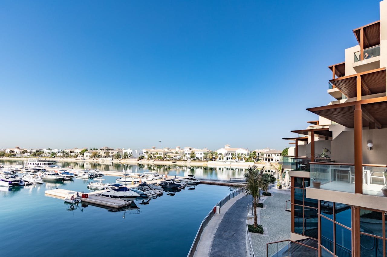 A stunning view of the marina and modern architecture at Palm Jumeirah, Dubai, UAE.